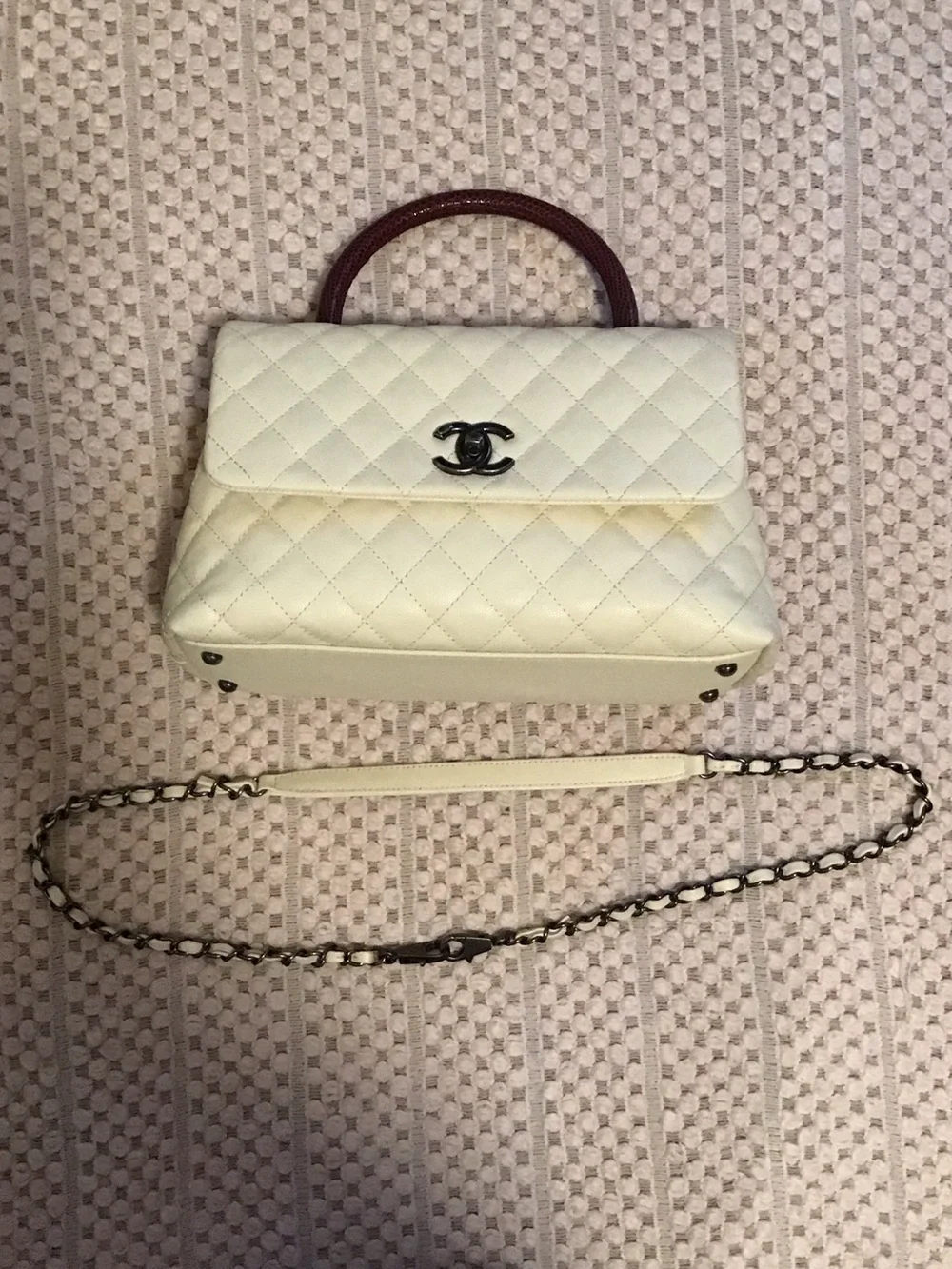 CHANEL Cream Quilted Top-Handle Satchel with Bordeaux Handle